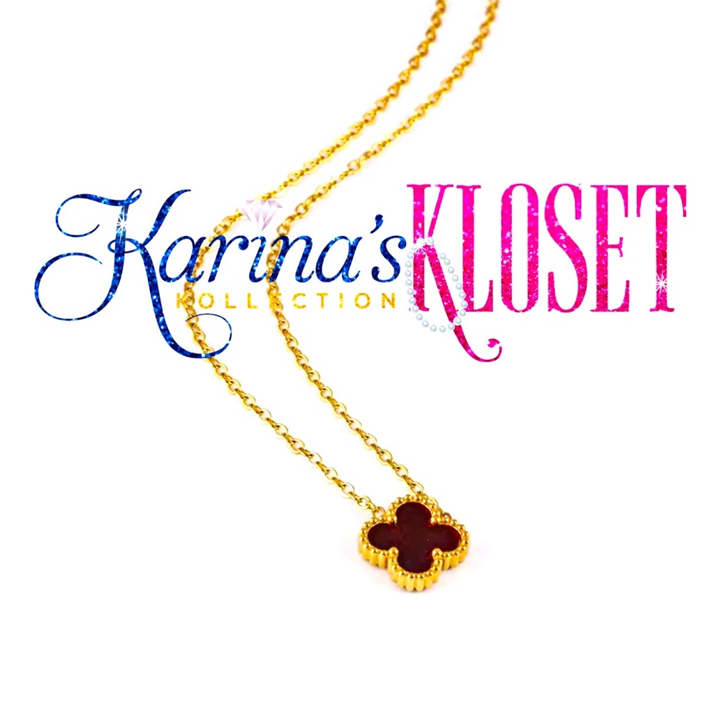 Vampire Red Ruby Marble & Gold Clover Necklace 18 Karat Gold Plated 💋